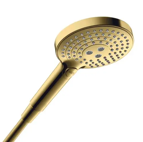 Handbrause in Polished Gold Optik von AXOR mit runder Kopfpartie und verschiedenen Düsenausführungen für Wasserstrahlvariationen.